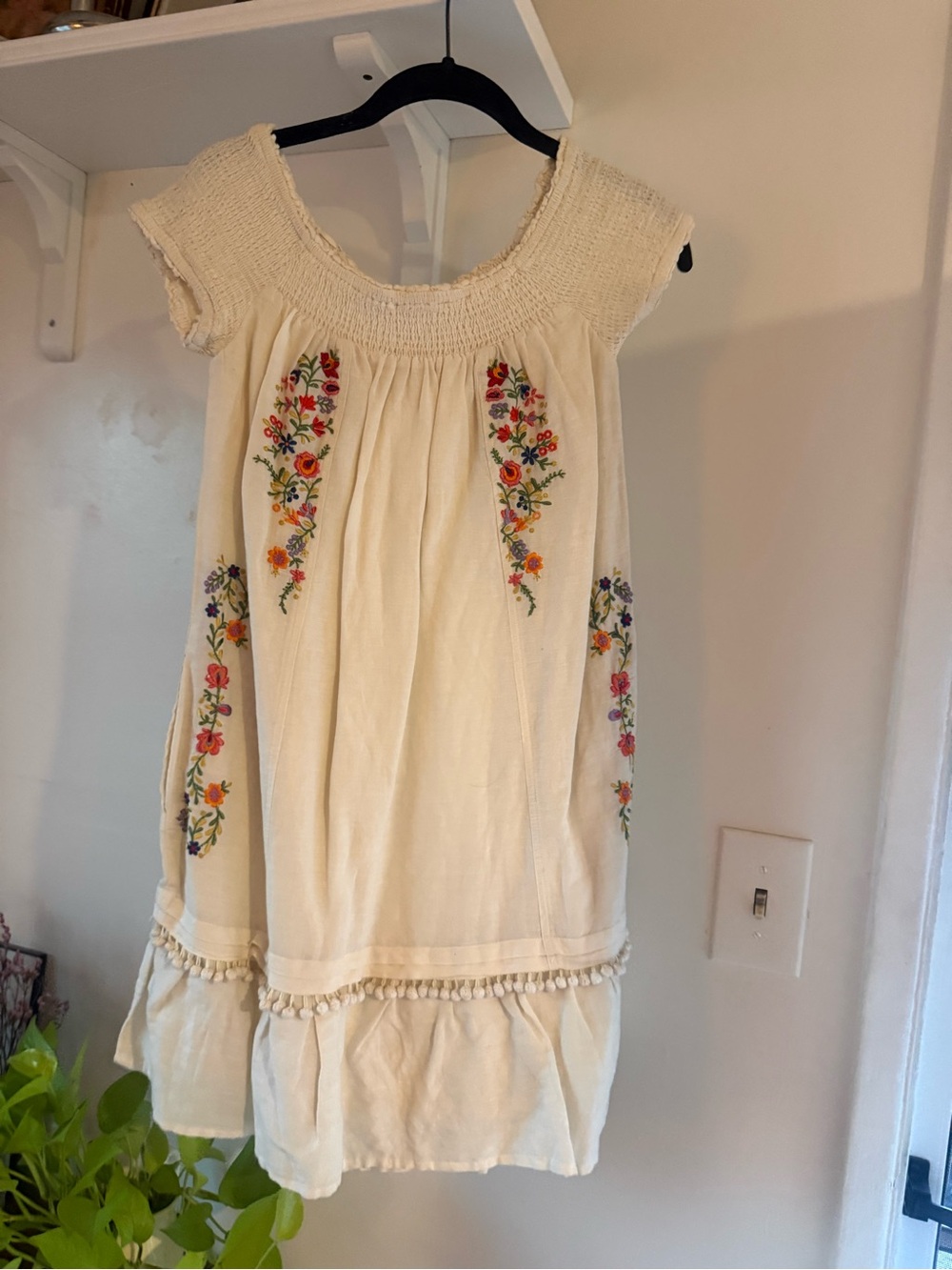 Moulinette Soeurs Cream Dress with Colorful Floral Embroidery
